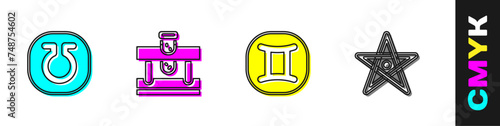 Set Life, Bottle with potion, Gemini zodiac and Pentagram icon. Vector