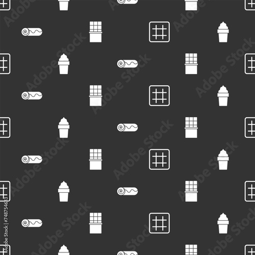 Set Waffle, Ice cream in waffle cone, Chocolate roll cake and bar on seamless pattern. Vector