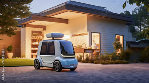 Autonomous electric delivery vehicle parked in front of a modern suburban home, the side door sliding open to reveal an array of parcels and grocery bags for contactless delivery photo