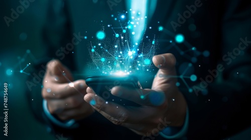 Businessman hand using mobile phone with digital layer effect as business strategy concept