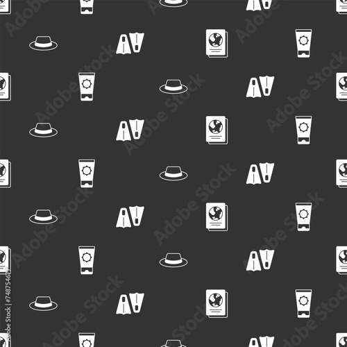Set Passport, Sunscreen cream in tube, Man hat with ribbon and Rubber flippers for swimming on seamless pattern. Vector