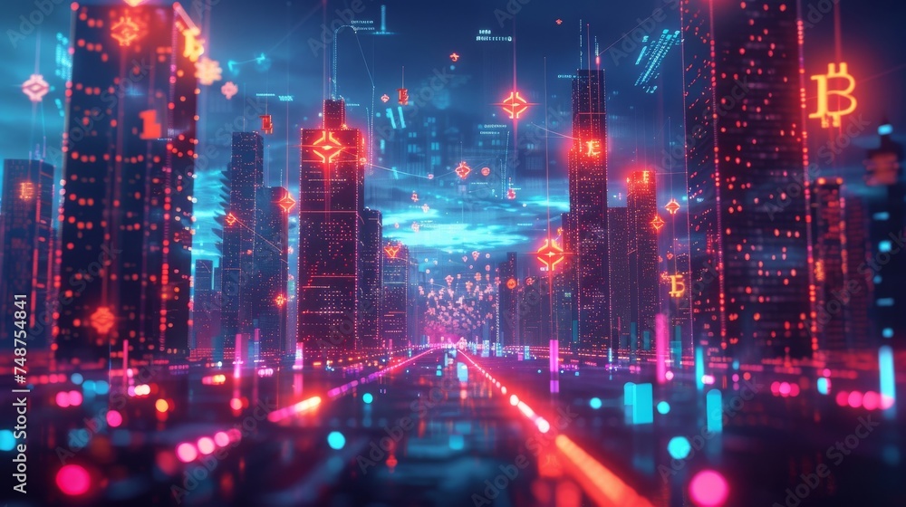 A vibrant cityscape at dusk, with buildings illuminated by glowing crypto symbols, representing a society fully integrated with digital currency.