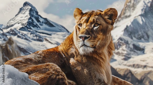 detailed closeup of lion sitting on snow mountains, majestic wildlife portrait in the snowy landscape