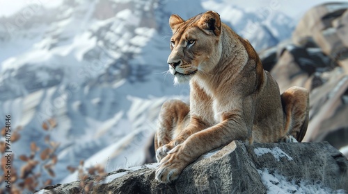 african lion sitting on snow mountains  detailed closeup of majestic predator in the wilderness