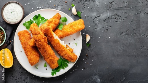 Crumbed fish sticks served with garlic dip sauce on a white plate on a stone table. Top view with copy space.
