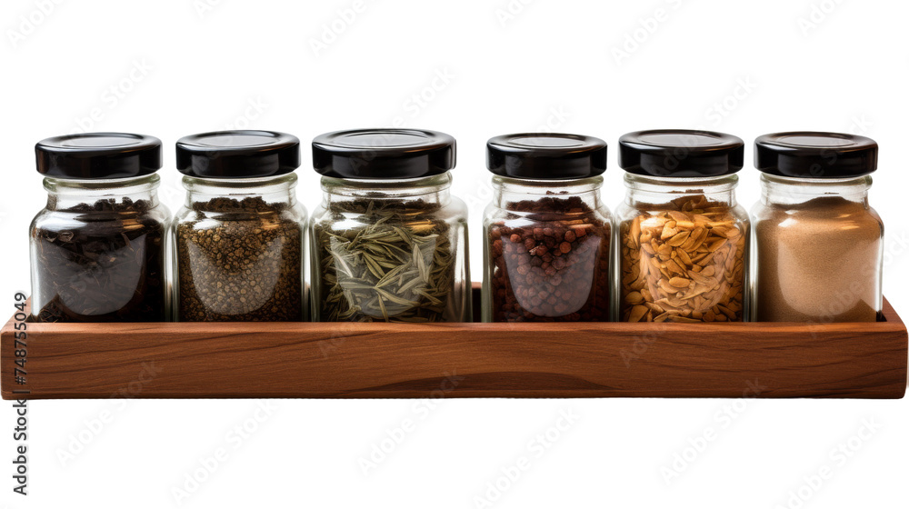 Labeled Jars on Wooden Spice Rack on transparent background Labeled Jars on Wooden Spice Rack on transparent background