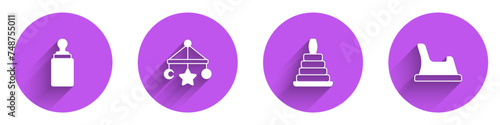 Set Baby bottle, crib hanging toys, Pyramid and potty icon with long shadow. Vector