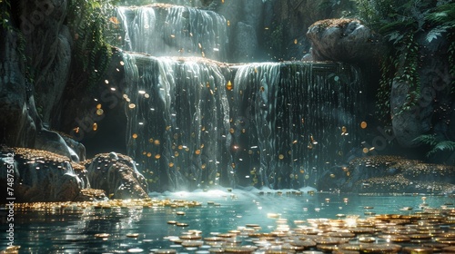 A waterfall flowing into a pool, with digital coins representing water. photo