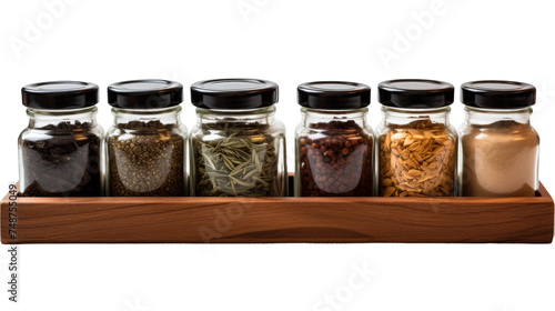 Labeled Jars on Wooden Spice Rack on transparent background