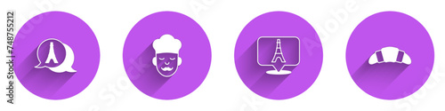 Set Eiffel tower, Cook, and Croissant icon with long shadow. Vector