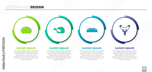 Set Taco with tortilla, Roasted turkey chicken, Bread loaf and Sausage on the fork. Business infographic template. Vector