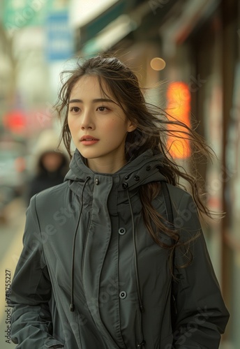 An Asian woman wears a sports coat while running on the streets of Beijing, fulllength shot