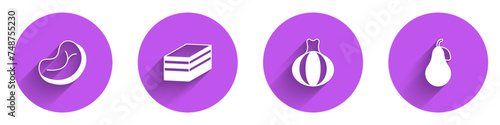 Set Steak meat, Piece of cake, Onion and Pear icon with long shadow. Vector