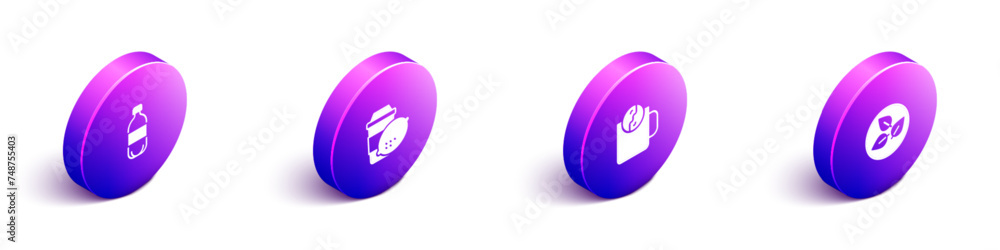 Set Isometric Bottle of water, Cup tea with lemon, Tea time and leaf icon. Vector Set Isometric Bottle of water, Cup tea with lemon, Tea time and leaf icon. Vector