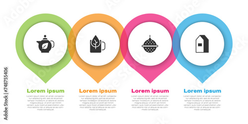Set Teapot with leaf, Cup of tea, Ball strainer and Paper package for milk. Business infographic template. Vector