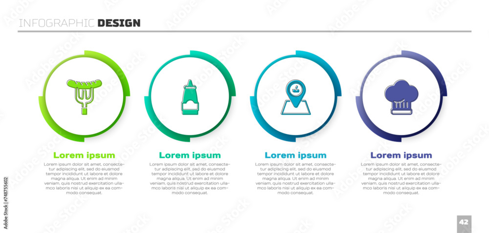 Set Sausage on the fork, Sauce bottle, Picnic location and Chef hat. Business infographic template. Vector Set Sausage on the fork, Sauce bottle, Picnic location and Chef hat. Business infographic template. Vector