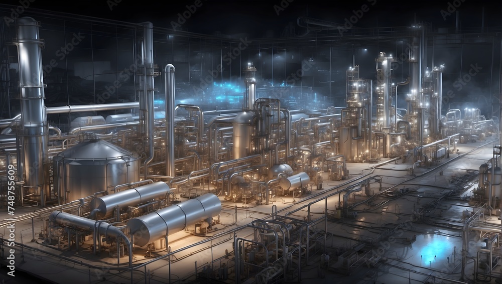 A sprawling refinery scene, tanks and pipelines underlaid with a holographic data HUD, presenting oil and gas demand charts as a testament to market-driven operations Generative AI