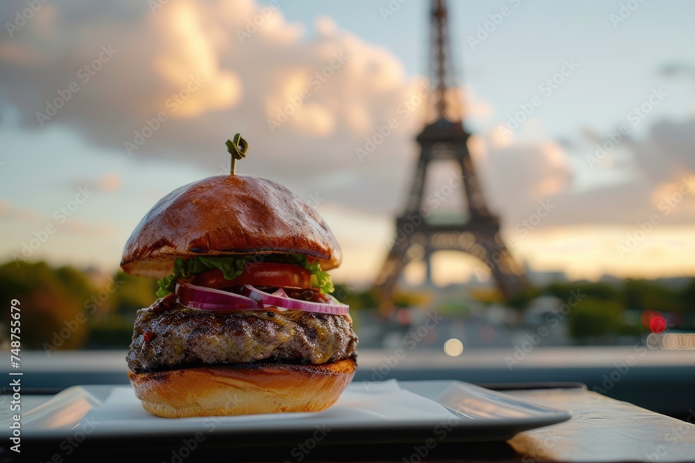 Culinary Delight: A Skilled Chef Unveils a Succulent Gourmet Burger in the Cosmopolitan Charm of Paris, Elevating Dining Experience. - obrazy, fototapety, plakaty 