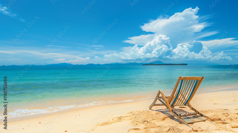 The image is of a beautiful beach with crystal clear water and white sand. The sky is blue and there are a few clouds in the sky.