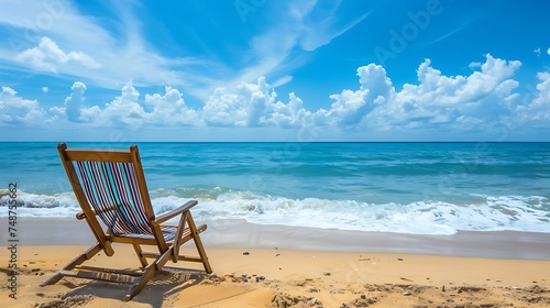 Relaxing on the beach. A comfortable beach chair sits on the sandy shore, facing out toward the vast ocean. The sky is blue and the sun is shining.