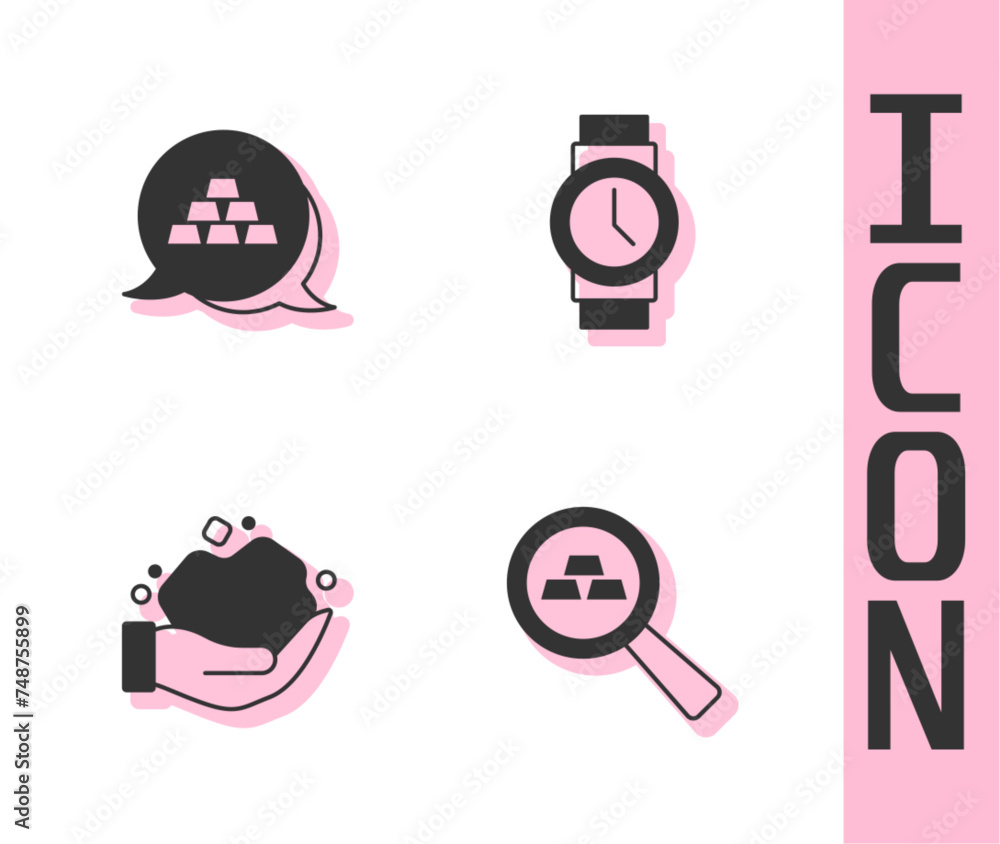 Set Gold bars, nugget and Wrist watch icon. Vector Set Gold bars, nugget and Wrist watch icon. Vector