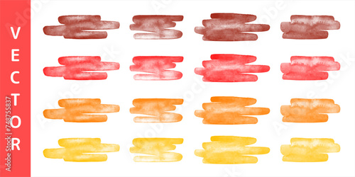 Red, orange, yellow watercolor vector brush strokes, scribbles, squiggles set. Text backgrounds collection. Hand drawn fire colors watercolour smears, smudges, banners. Aquarelle stains template