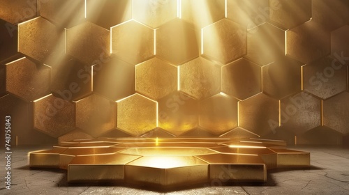 Golden podium in the form of hexagonal floodlighting photo