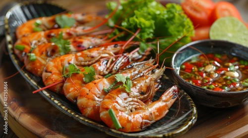 Grilled shrimp Giant River Prawn with spicy seafood dipping sauce delicious Thai seafood style.