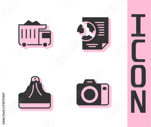 Set Photo camera, Mining dump truck, Volcano and Earth globe with document icon. Vector