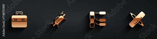 Set Briefcase, Drone, Soil analysis and Crossed ruler and pencil icon with long shadow. Vector