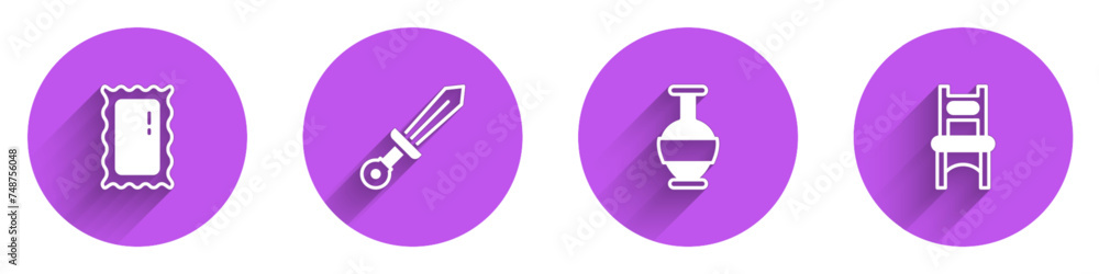 Set Big full length mirror, Medieval sword, Ancient amphorae and Chair icon with long shadow. Vector Set Big full length mirror, Medieval sword, Ancient amphorae and Chair icon with long shadow. Vector