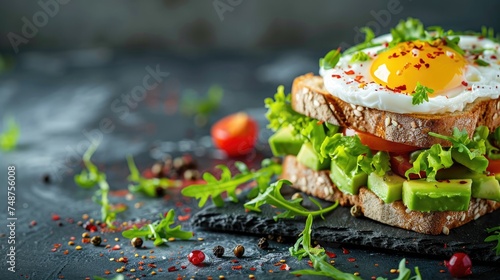 Avocado and poached egg sandwiches. wholesome food. Generative Ai photo