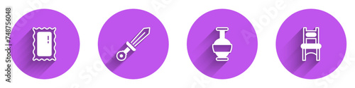 Set Big full length mirror, Medieval sword, Ancient amphorae and Chair icon with long shadow. Vector