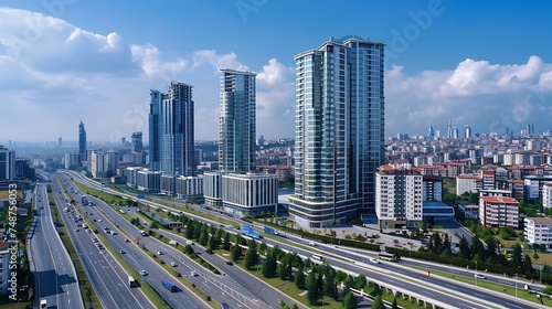 A modern city with skyscrapers and a highway interchange. The city is full of life with cars and people moving around.