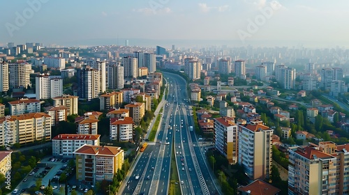 An aerial view of a busy highway in a large city. The highway is surrounded by tall buildings and there is a lot of traffic on the road.