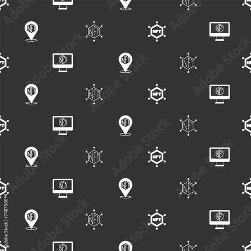 Set NFT blockchain technology, Monitor with art store app, Digital crypto and on seamless pattern. Vector