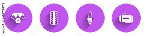 Set Power car engine, Car tire wheel, spark plug and Check icon with long shadow. Vector