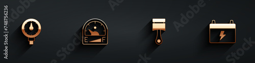 Set Tire pressure gauge, Motor gas, Engine piston and Car battery icon with long shadow. Vector