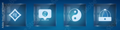 Set Chinese New Year, Yin Yang symbol, and hat. Square glass panels. Vector