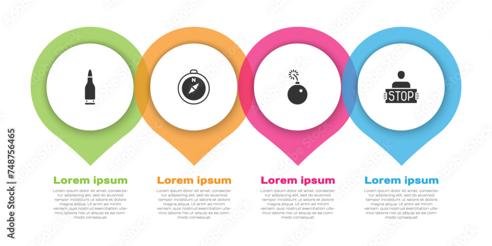 Set Bullet, Compass, Bomb ready to explode and Stop war. Business infographic template. Vector Set Bullet, Compass, Bomb ready to explode and Stop war. Business infographic template. Vector