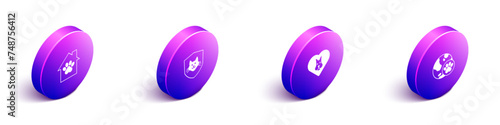 Set Isometric Pet house, Animal health insurance, Heart with dog and World pet icon. Vector