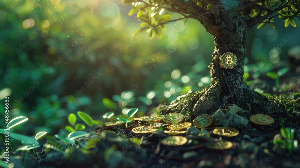 Bitcoin in Nature: A concept piece showing Bitcoin integrating with natural elements, like a tree with coins as leaves.