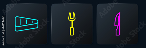 Set line Steak meat, Barbecue knife and fork. Black square button. Vector