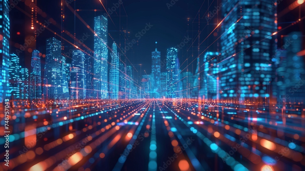 Fototapeta premium Smart city and abstract polygon pattern connection with speed line light, big data connection technology concept .