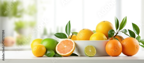 A white kitchen table showcases a bowl filled with fresh oranges and limes, creating a vibrant display of citrus fruits.