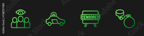 Set line Censored stamp, Spy, agent, Police car and flasher and Ball on chain. Gradient color icons. Vector