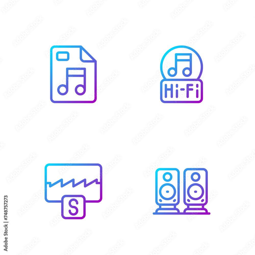 Set line Stereo speaker, Music wave equalizer, MP3 file document and note, tone. Gradient color icons. Vector Set line Stereo speaker, Music wave equalizer, MP3 file document and note, tone. Gradient color icons. Vector