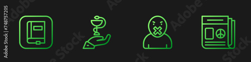 Set line Censor and freedom of speech, Law book, Caduceus snake medical and News. Gradient color icons. Vector