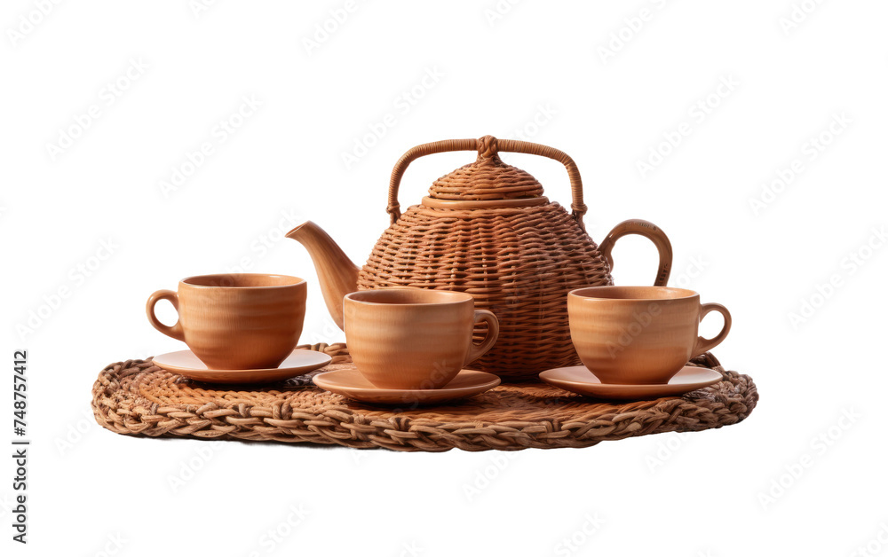 A wicker tea set consisting of a teapot, cups, saucers, and a sugar bowl placed neatly on a woven tray. The intricate design of the wicker adds a touch of elegance to the table setting.