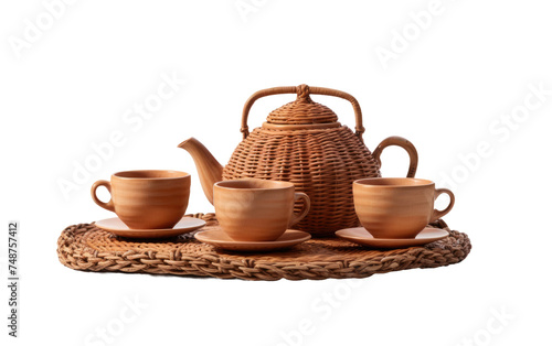 A wicker tea set consisting of a teapot  cups  saucers  and a sugar bowl placed neatly on a woven tray. The intricate design of the wicker adds a touch of elegance to the table setting.
